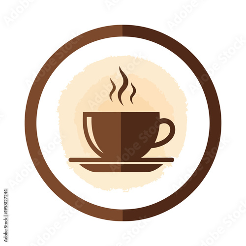 A stylish illustration of a steaming cup of coffee on a saucer within a circular frame