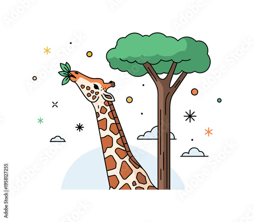 Close-up of a giraffe reaching high to nibble leaves from a tall tree, showcasing its long neck, patterned coat, and feeding behavior. Minimalist flat vector