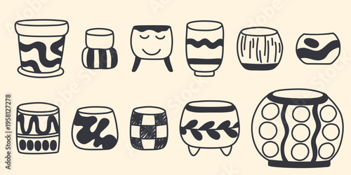 Hand drawn set of different pots for growing indoor flowers and plants. Decorated containers for gardening. Home decor items for creating a cozy atmosphere. Doodle sketch style, vector graphics