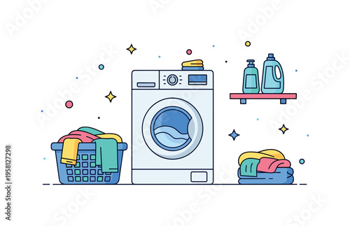 Modern small space laundry a compact washing machine with a basket of clean clothes and a small shelf with detergent bottles suggesting practical laundry