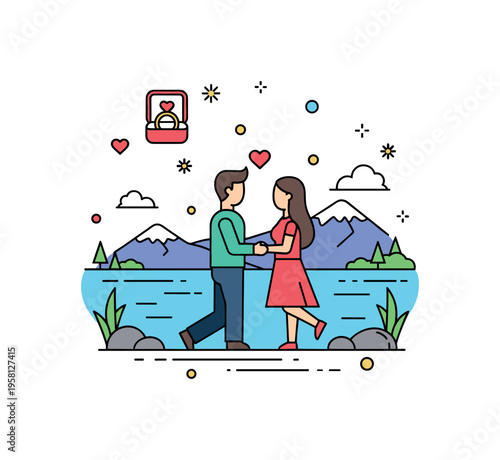 Lake side engagement proposal couple standing near a calm lake with mountains in the distance while a ring box icon and small hearts emphasize the romantic