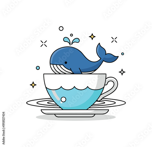 Whimsical teacup whale cute whale floating in a teacup ocean with tiny splashes and soft water ripples. Minimalist flat vector illustration, compact icon-scene