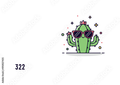 Tiny stylish cactus adorable cactus wearing sunglasses, standing upright with a cheerful expression and tiny decorative accents. Minimalist flat vector