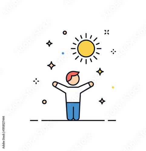 Moment of bliss visualized by a small human figure with open arms beneath a shining sun and gentle sparkle accents. Positive emotional scene expressing