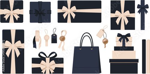 Elegant gift boxes and shopping bag set with ribbon bows, luxury packaging and presents, modern minimal style vector illustration collection
