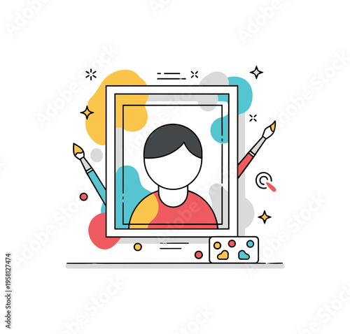 Creative personality concept showing a portrait frame filled with colorful abstract shapes while small art tools appear nearby. The scene reflects how art can