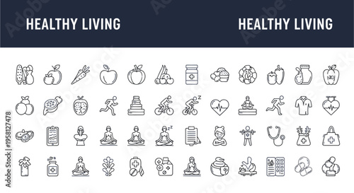Collection of thin line icons representing various aspects of healthy living