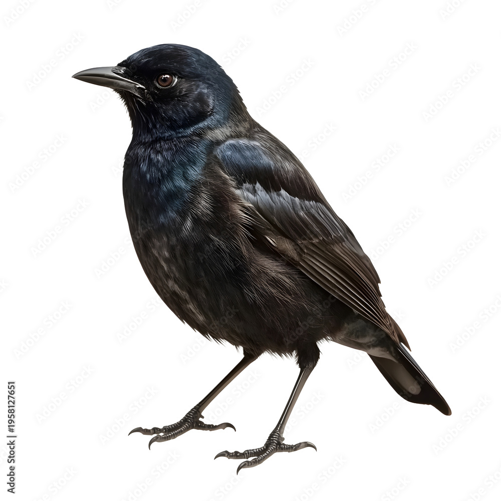 Obraz premium Shiny black bird stands on a white background in a studio shot
