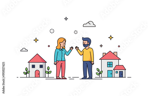 Neighborhood friendship new connection between two neighbors standing beside small houses and exchanging a friendly greeting wave. Tiny plant icons and
