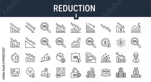 Collection of line icons illustrating financial reduction and economic downturn