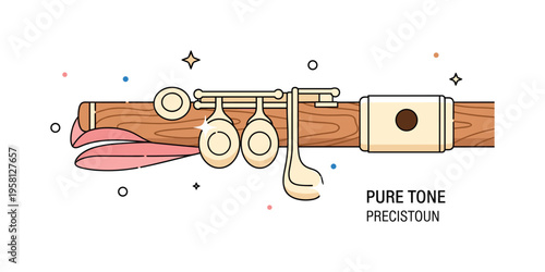 Woodwind instrument detail showing flute headjoint and lip plate with gentle shine highlights. Clean geometric layout and a compact ?Pure Tone? text detail