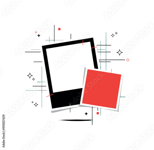 Black and white vintage photo album slightly open with thick textured pages, bold red circle placed behind the album like a nostalgic halo, abstract blue