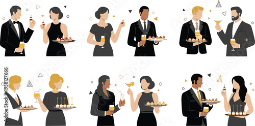Elegant people at cocktail party set with drinks and appetizers, social networking and celebration scenes, stylish event cartoon vector illustration collection