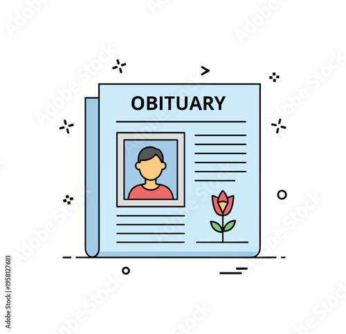 Obituary announcement newspaper page highlighting a portrait frame and small memorial flower icon suggesting the publication of a remembrance notice. The