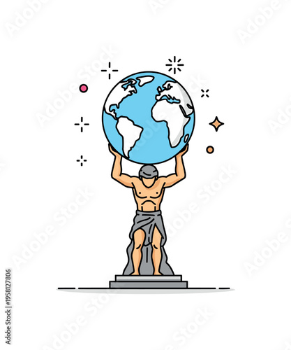 Atlas globe sculpture inspired by classical statue design where a powerful figure holds a round globe above his shoulders forming a timeless symbol