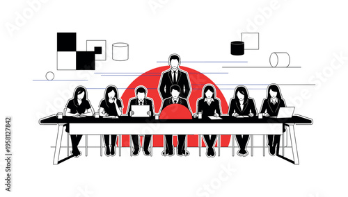 Black and white team seated at long desk with manager observing from behind, bold red semicircle highlighting focal area, thin horizontal blue lines suggesting