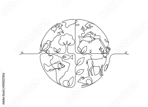 Protecting Nature Species. Minimalistic one-line drawing earth with simple plant and animal shapes forming a balanced ecosystem, continuous single black line