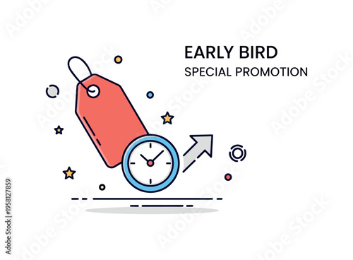 Early bird special promotion concept illustrated by a simple price tag icon combined with a small clock and subtle upward arrow, symbolizing limited