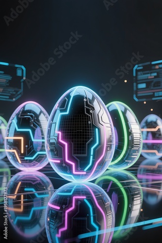 Futuristic Easter eggs with glowing light

