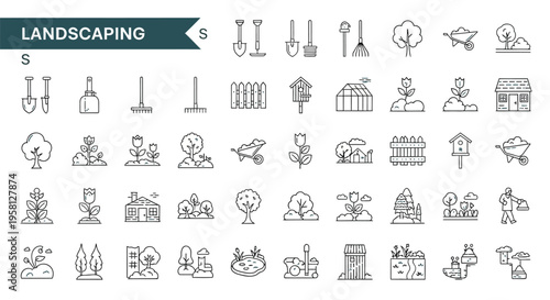 Gardening and landscaping tools plants and structures in linear icons