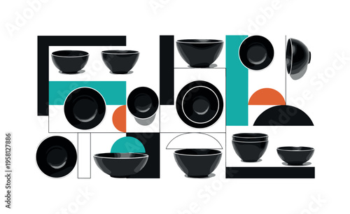 Black and white collection of vintage clothing items layered as collage cut-outs, oversized navy circle dominating upper half, thin orange diagonal stripe