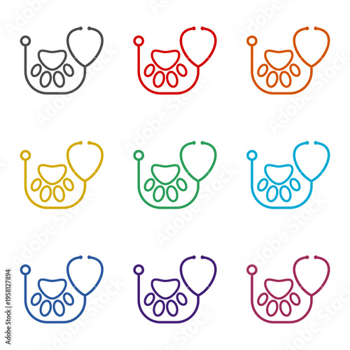 Stethoscope with paw print icon isolated on white background. Set icons colorful