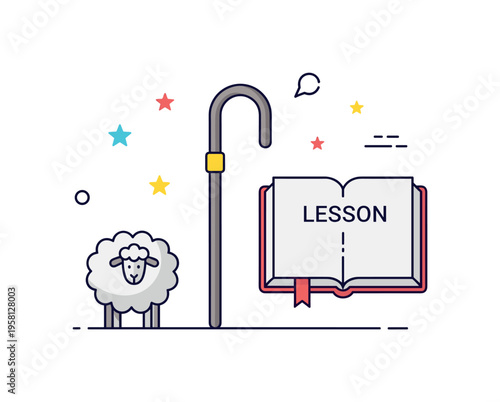 Parable teaching illustration with a shepherd?s staff beside a small sheep icon and an open book labeled ?Lesson?. The composition reflects the story of the