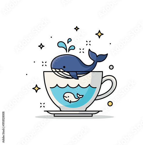 Playful whale teacup swim little whale splashing happily inside a teacup filled with water creating a charming miniature sea scene. Minimalist flat vector