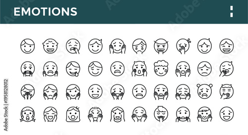 Collection of diverse line art emoticons representing human emotions