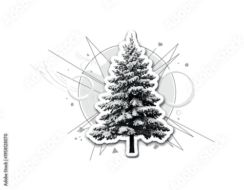 black and white pine tree covered with frost crystals, realistic cut-out tree with white outline, abstract circular snow halos and thin geometric lines