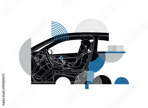 passenger relaxing inside autonomous vehicle abstract semicircles lines and geometric blocks symbolizing comfort and hands-free travel black and white retro