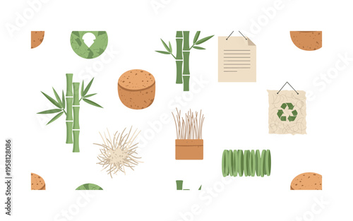 green material innovation bamboo cork recycled paper and plant fibers illustrated as decorative sustainability symbols, flat vector rounded geometry, rich