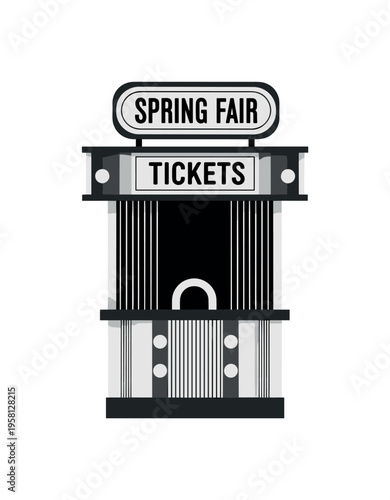 ticket booth from spring fair, geometric rectangles circles and thin vertical lines structuring nostalgic scene, black and white retro fair ticket window with