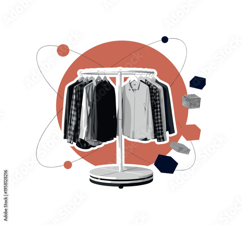 conceptual DIY clothing rack with a circular rotating base and hanging garments in black and white textile textures, white cut-out outline effect around the