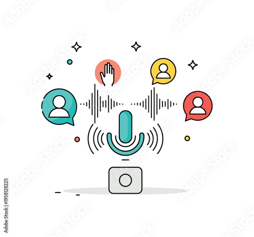 Voice interaction illustration showing a smartphone hands-free interface with floating sound wave and user icons, subtle stars enhancing seamless