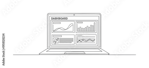 Analytics Monitoring Interface. Minimalistic one-line drawing laptop showing dashboard graphs and analytics panels, continuous single black line on white
