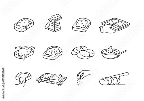 Cheesy Garlic Toast. Minimalistic set one-line drawing garlic bread with melted cheese, cheese grater, bread slice with cheese topping, oven mitt holding tray,