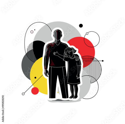 child resting on activist shoulder abstract circles lines and geometric shapes representing trust and care black and white retro human figures with white