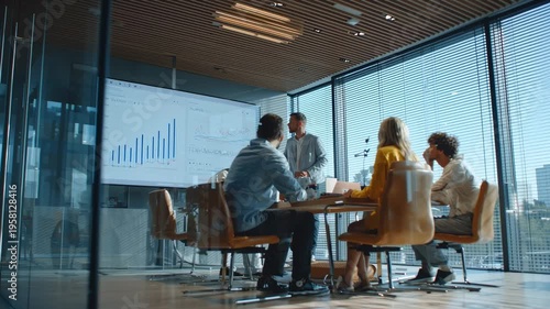 Innovative startup pitch meeting sleek venture capital office, young entrepreneur presenting disruptive technology concept venture capital investors seated modern conference table, large presentation