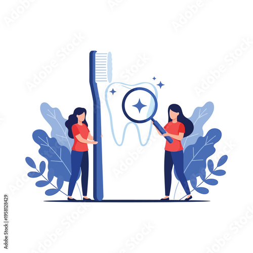 Dental professionals examining a tooth with a magnifying glass for oral health check-up