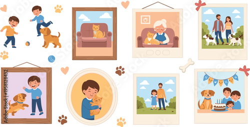 Family photo frames with kids parents and pets, cute memories collection with love friendship and happy moments flat vector illustration set