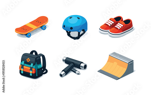 Skateboarding. Isometric flat vector icons set of Skateboarding: skateboard deck, skate helmet, skate shoes, skate backpack, skate tool, skate ramp. Arrange