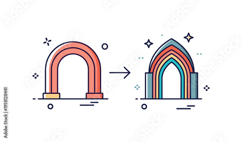 Transition from Romanesque to Gothic architecture illustrated by two adjacent arch shapes, one rounded and one pointed, connected by a subtle arrow accent. The