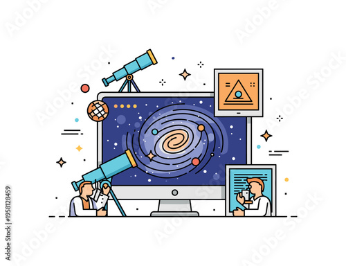Galactic research laboratory computer screen displaying a spiral galaxy map surrounded by small telescope and data icons suggesting scientists analyzing cosmic