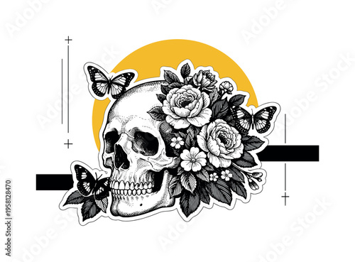 Black and white anatomical drawing of a human skull partially overgrown with realistic vintage flowers and leaves, retro butterflies resting on the
