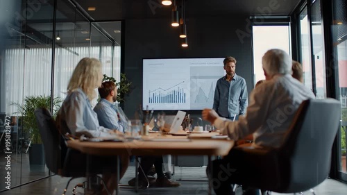 Innovative startup pitch meeting sleek venture capital office, young entrepreneur presenting disruptive technology concept venture capital investors seated modern conference table, large presentation