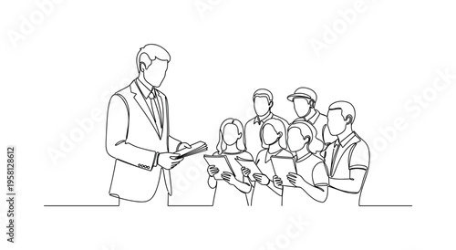 Outreach Legal Advice. Minimalistic one-line drawing lawyer handing legal pamphlets to community members during an educational event, continuous single black