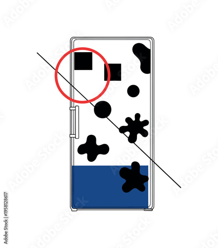 Black and white refrigerator door covered with simple note shapes, bright red circular frame intersecting upper portion, deep blue rectangular block grounding