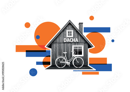 monochrome dacha house with bicycle leaning against wooden wall, white cut-out outline around house and bike, abstract circles and rectangular blocks