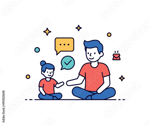 Positive discipline strategy featuring a parent and child sitting together with a small speech bubble and check mark icon between them. The composition conveys